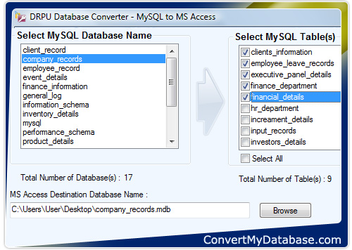 MySQL to MS Access Database Converter Screenshot